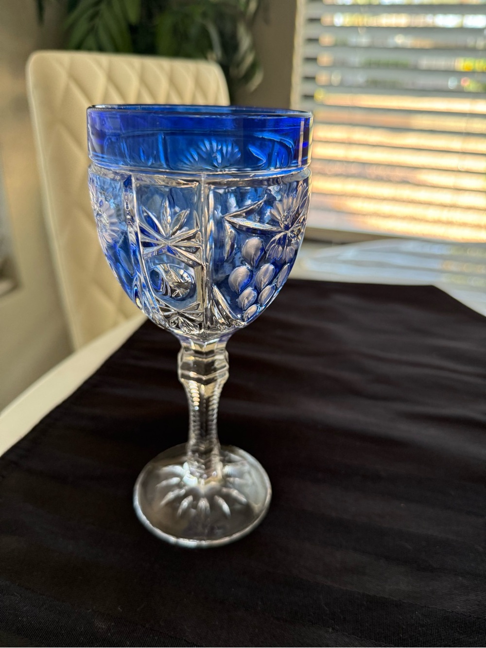 Cut Glass Goblet with Cobalt Blue Rim